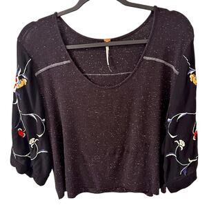 Free People Short Floral Embroidered  Sleeve Oversized Crop Top, size S